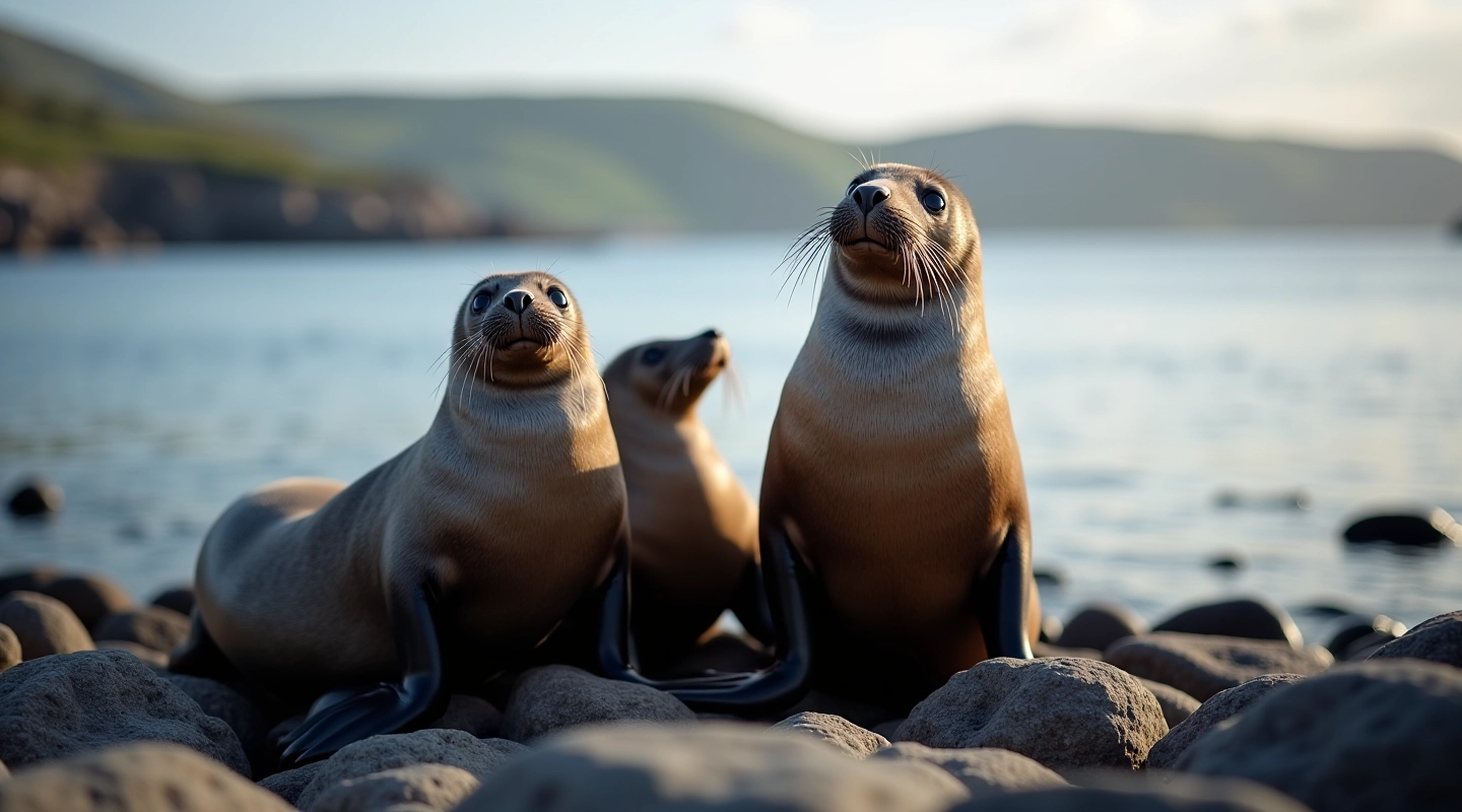 Harbor seals resting on rocky shore showing their distinctive spotted coats and relaxed posture