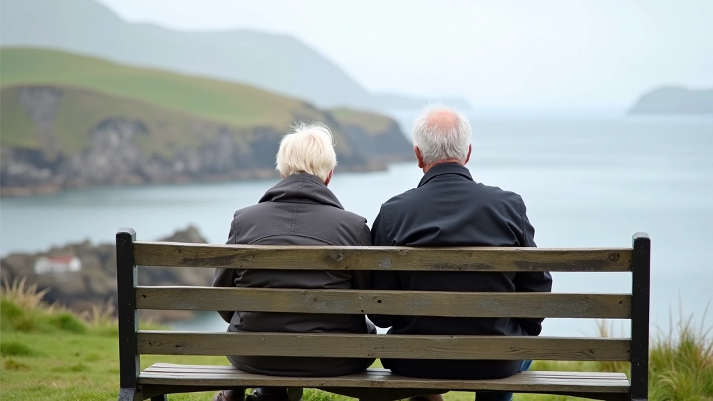 Senior couple sitting on viewing bench overlooking coastal landscape, relaxed and comfortable during nature observation